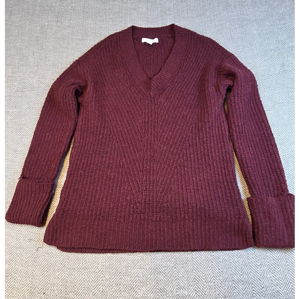 Nine West Womens Burgundy V-Neck Ribbed Chevron Knit Sweater Size Small